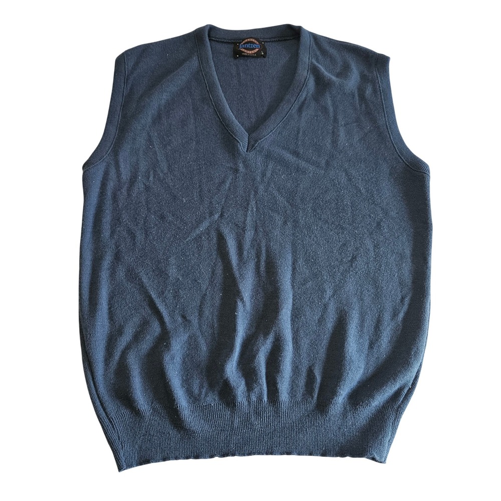 Vintage Jantzen Mens Navy Blue V-Neck Sweater Vest Made in USA Knit Sleeveless L